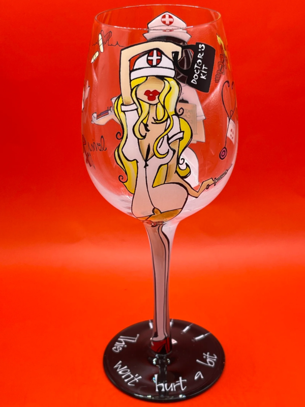 This Bottoms Up Nurse Wine Glass is the the ultimate prescription for laughter and relaxation. It’s a whimsical and one-of-a-kind creation.