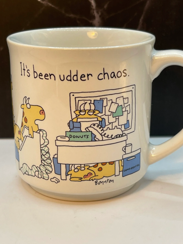 Welcome to the whimsical world of Sandra Boynton with our Sandra Boynton Udder Chaos Mug!  It’s the perfect #cupofmood for Sandra Boynton collectors.