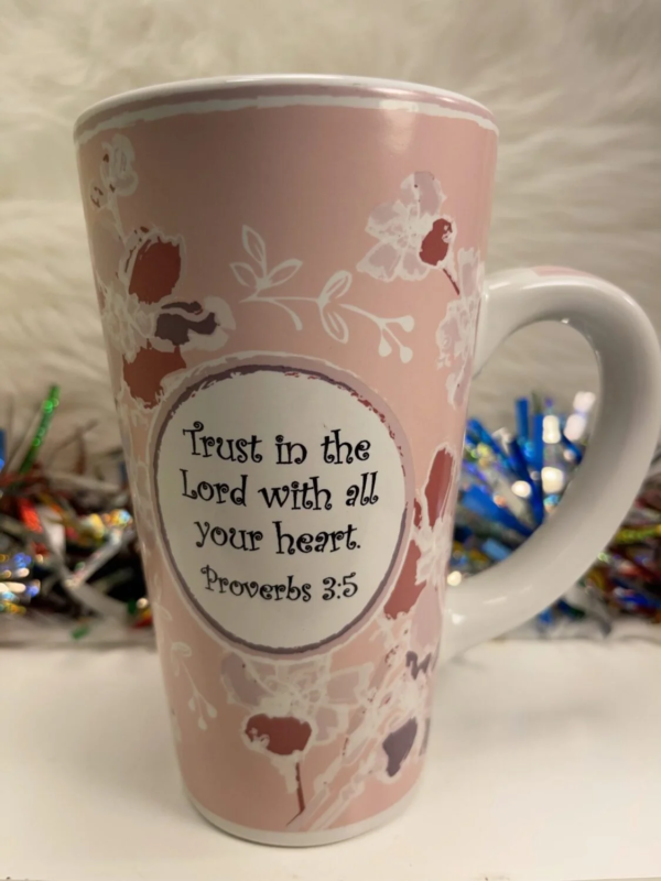 This Pink Tumbleweed Pottery Mug with Proverbs 3:5 is the perfect #cupofmood for the Bible verse loving person in your life.
