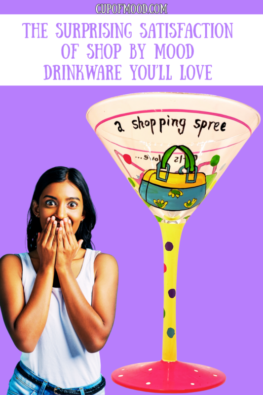 Surprised woman reacting to a playful martini glass, representing joyful mood-based drinkware discovery