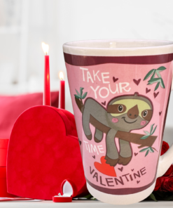 Take Your Time Valentine Sloth Latte Mug styled in a Valentine’s Day kitchen