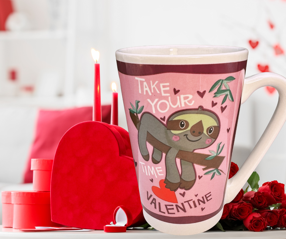 Take Your Time Valentine Sloth Latte Mug styled in a Valentine’s Day kitchen