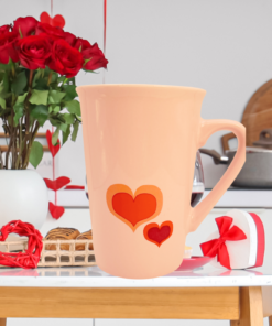 Starbucks Valentine Pink Heart Latte Mug styled in a Valentine’s Day kitchen setting