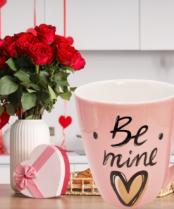 Be Mine Heart Mug oversized pink mug styled in a Valentine’s Day kitchen