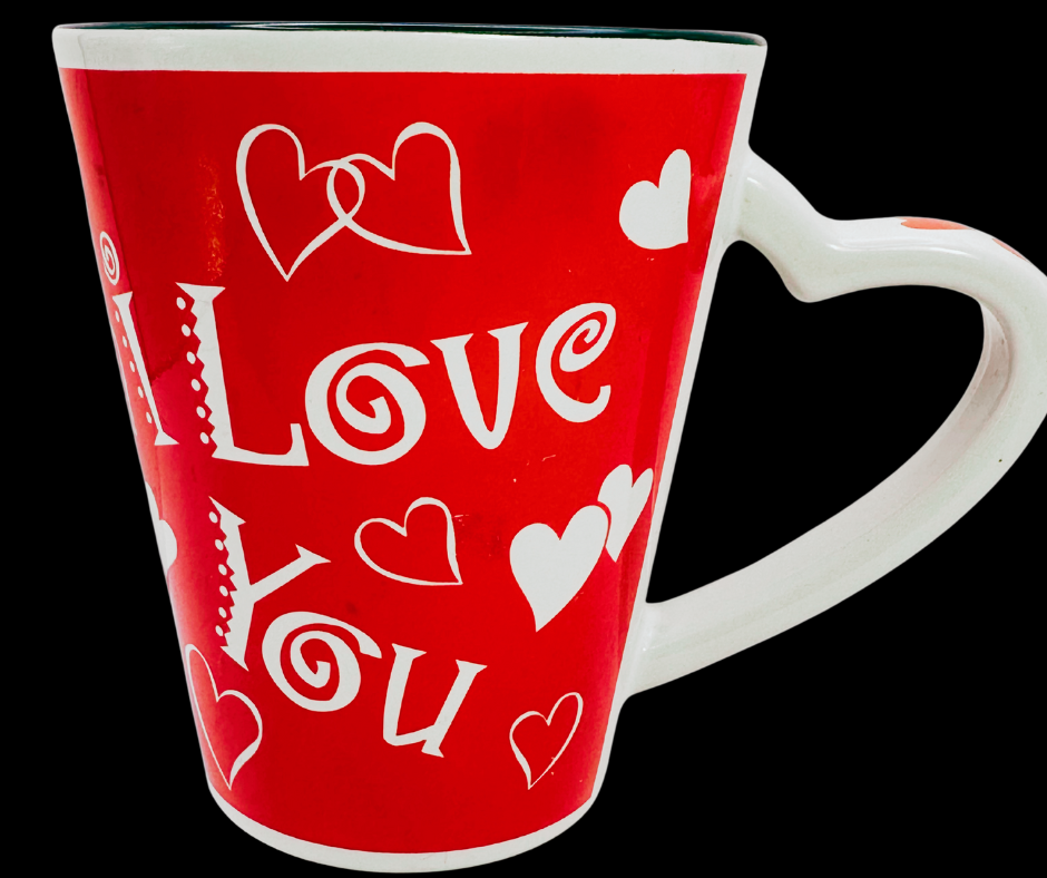 I Love You Heart Valentine Mug front view with red hearts and text