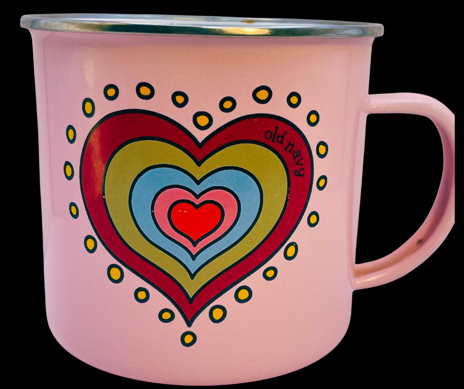 Old Navy Be Mine Valentine Camp Mug front view with layered heart design