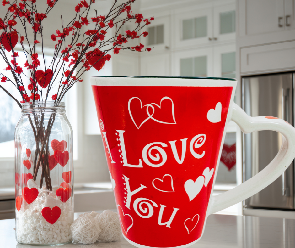 I Love You Heart Valentine Mug styled in a Valentine’s Day kitchen