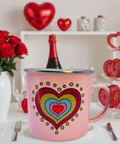 Old Navy Be Mine Valentine Camp Mug styled in a Valentine’s Day kitchen setting