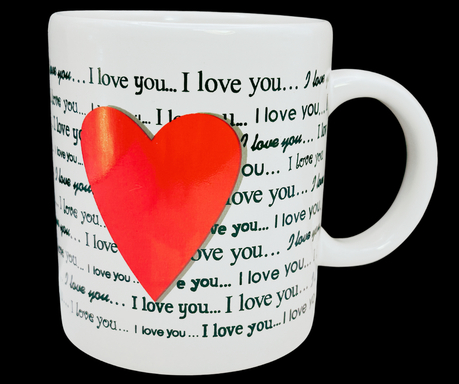 I Love You Heart Mug front view with red heart and repeating text