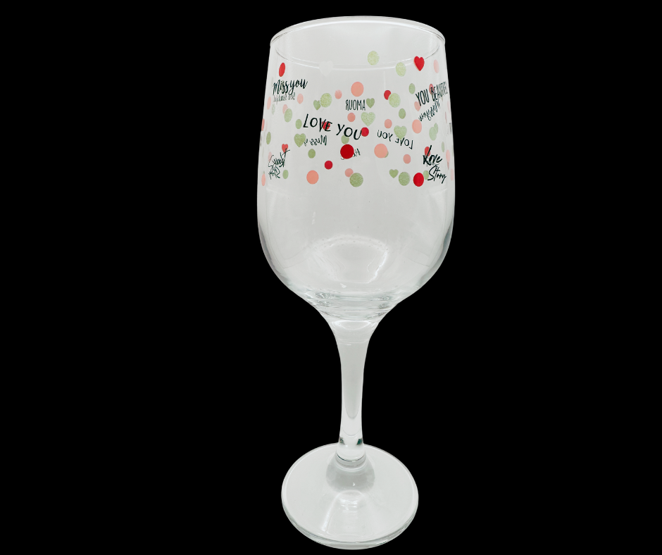 Valentine Hearts Wine Glass side view showing design wrap