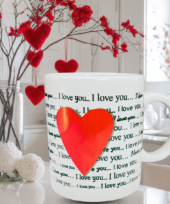 I Love You Heart Mug styled in a Valentine’s Day kitchen setting