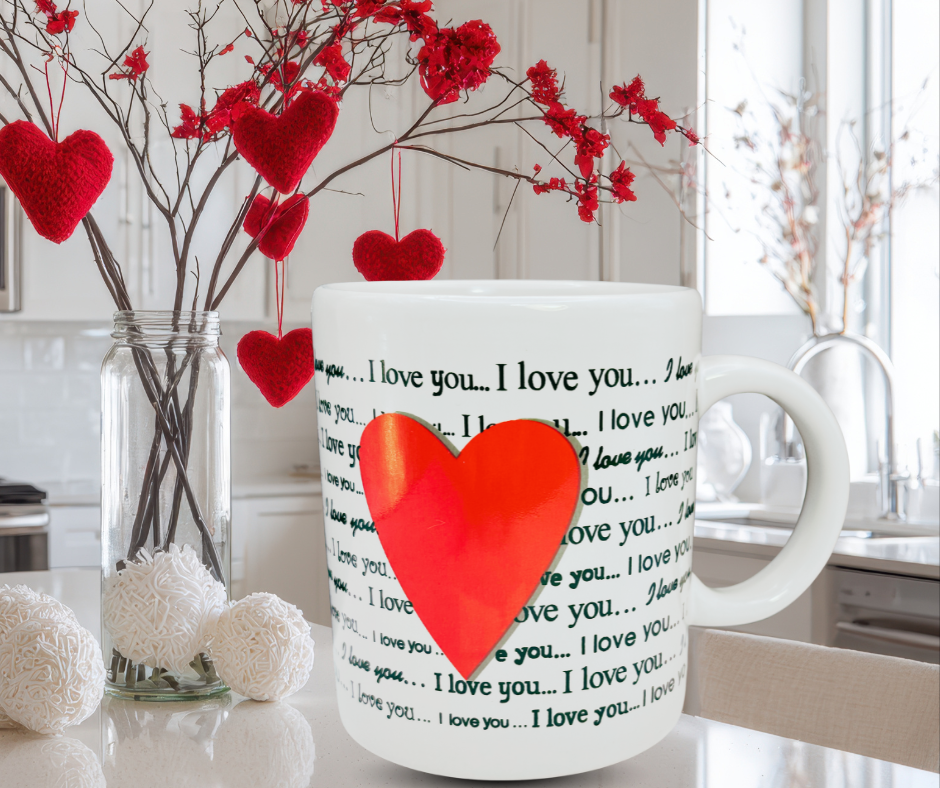 I Love You Heart Mug styled in a Valentine’s Day kitchen setting