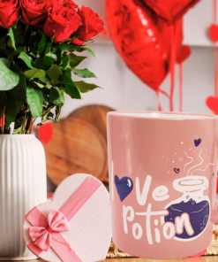 Love Potion Ceramic Mug styled in a Valentine’s Day kitchen setting