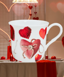 Gracie Red Hearts Bone China Mug styled in a Valentine’s Day kitchen