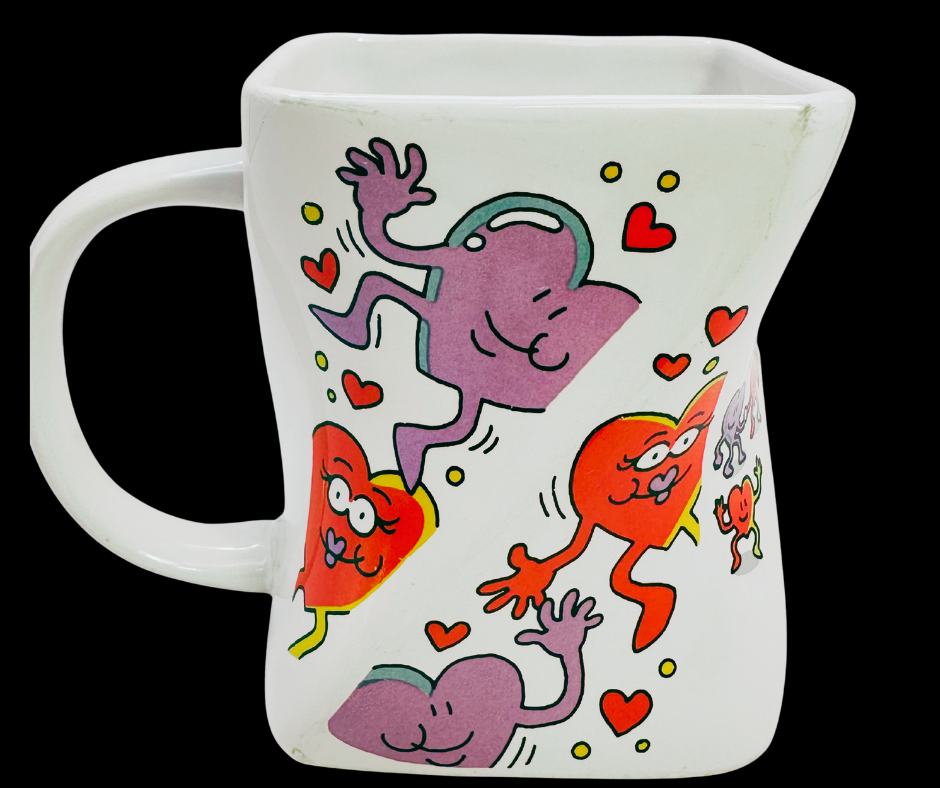 Vintage Dakin Hug Me Love Me Mug back view showing continued cartoon artwork