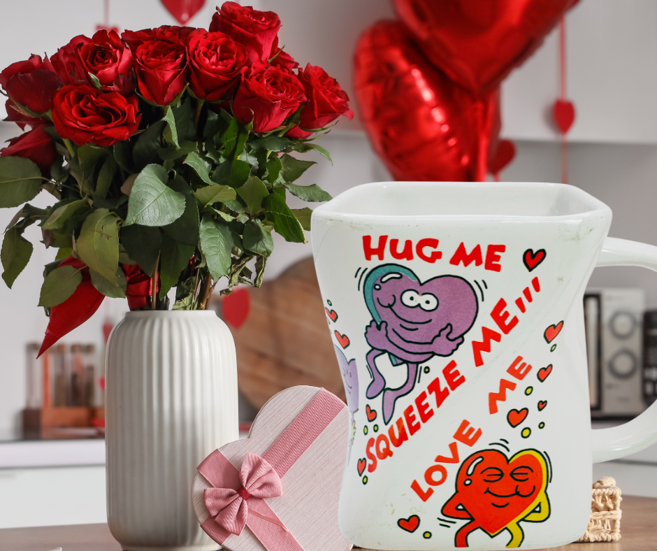 Vintage Dakin Hug Me Love Me Mug styled in a Valentine’s Day kitchen setting