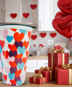Colorful Hearts Valentine Travel Mug styled for Valentine’s Day