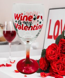 Wine Is My Valentine Wine Glass styled in a Valentine’s Day kitchen setting