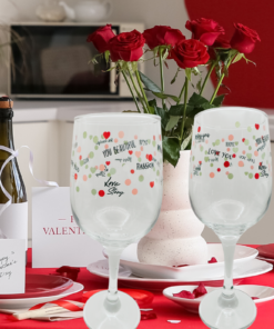 Valentine Hearts Wine Glass styled in a Valentine’s Day kitchen setting