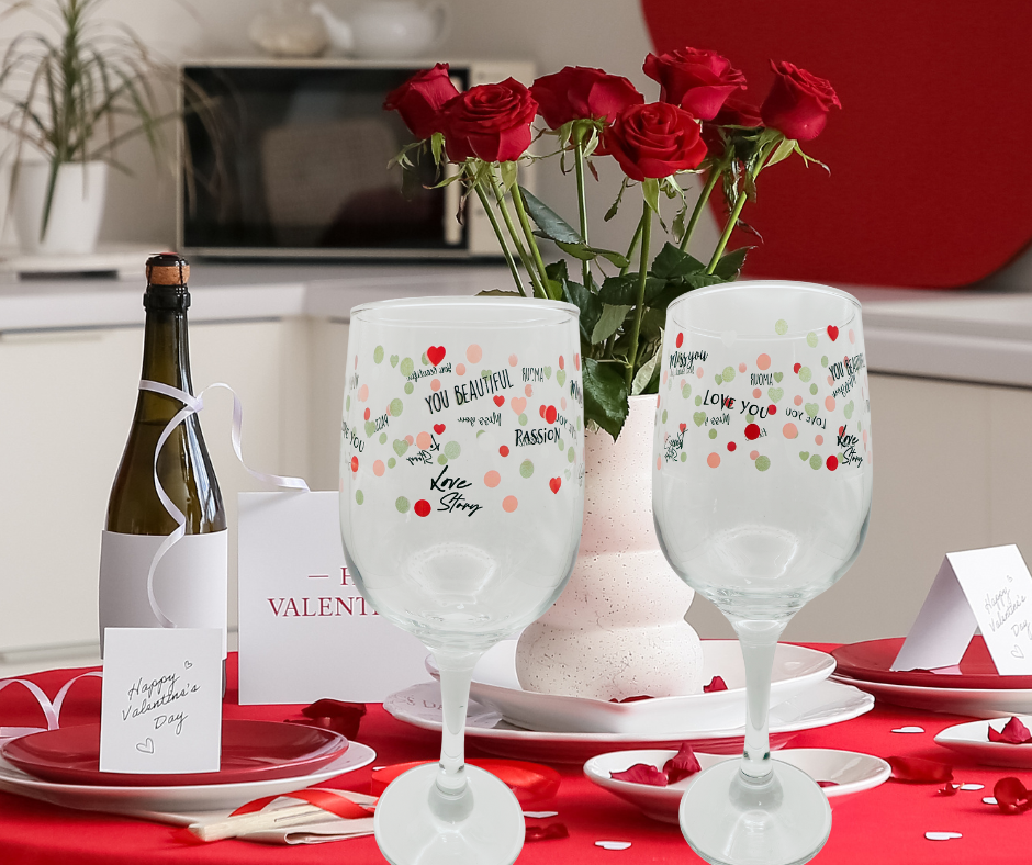 Valentine Hearts Wine Glass styled in a Valentine’s Day kitchen setting