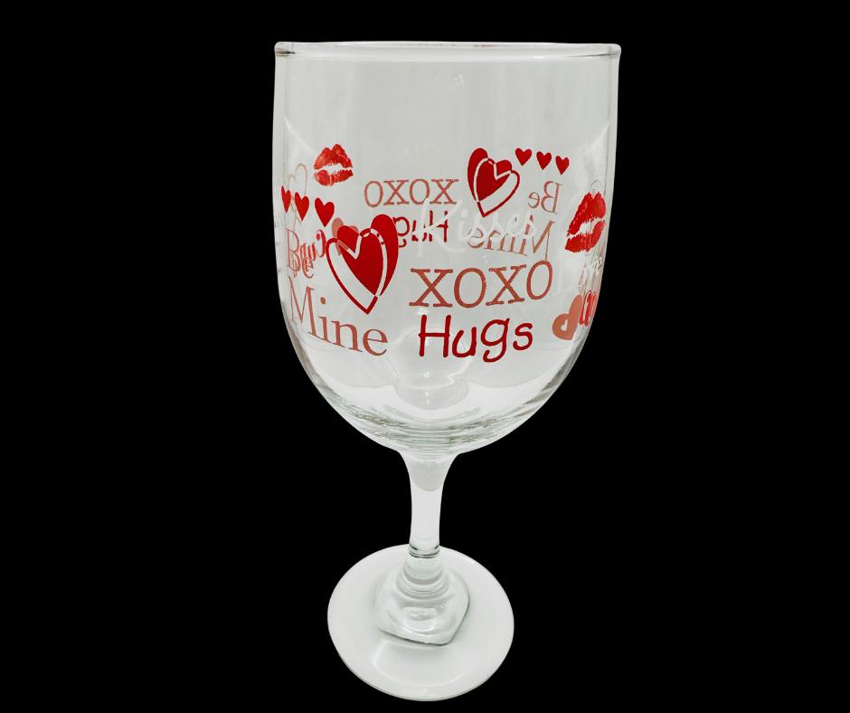 Cupid & Hearts Valentine Wine Glass back view with repeating hearts and text