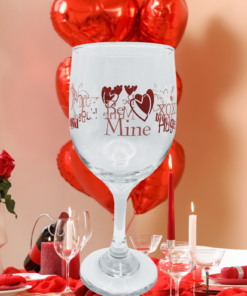 Cupid & Hearts Valentine Wine Glass styled in a Valentine’s Day kitchen setting