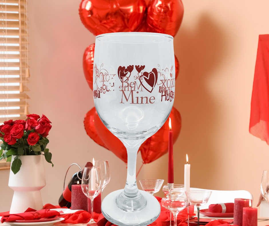 Cupid & Hearts Valentine Wine Glass styled in a Valentine’s Day kitchen setting