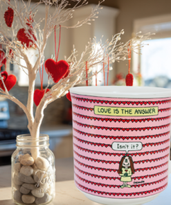 Cathy Love Is The Answer Mug styled in a Valentine’s Day kitchen setting