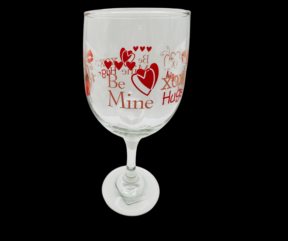 Cupid & Hearts Valentine Wine Glass side view showing wraparound Valentine design