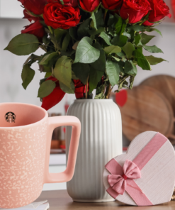 Starbucks Valentine Pink Speckle Latte Mug styled in a Valentine’s Day kitchen setting