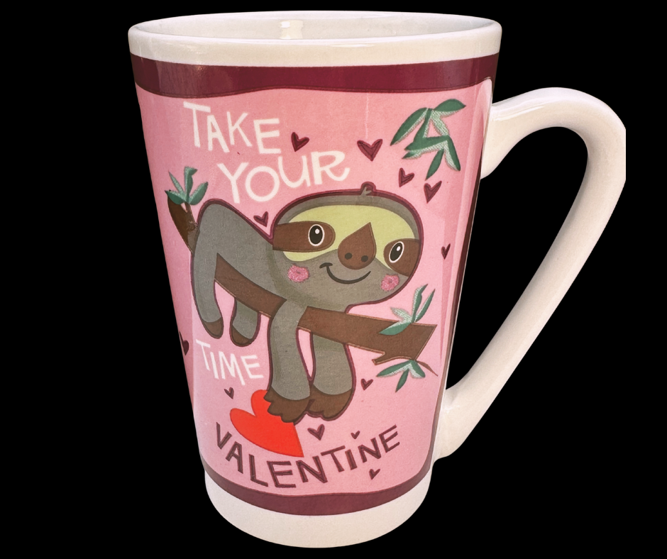 Take Your Time Valentine Sloth Latte Mug front view with sloth and heart design