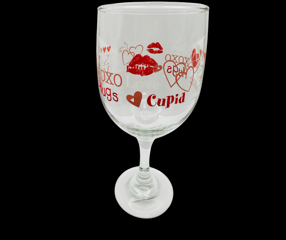 Cupid & Hearts Valentine Wine Glass front view with red hearts and romantic phrases