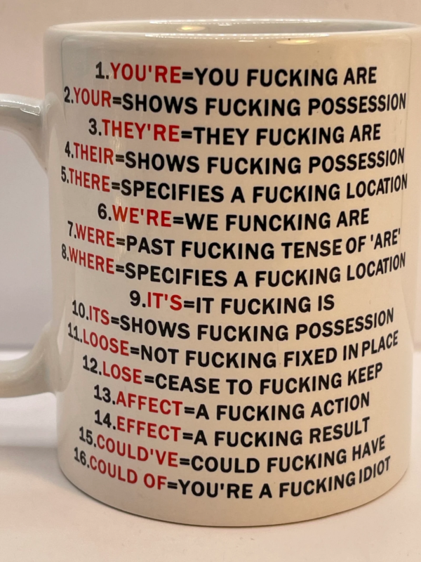 
This 8 ounce Grammar Police Swear Mug is the perfect #cupofmood if you’re tired of mixing up your and you’re making your eye twitch.