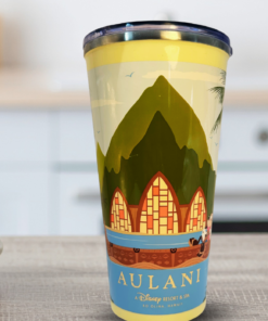 Aulani Disney Resort Tumbler displayed on kitchen counter with fresh vegetables