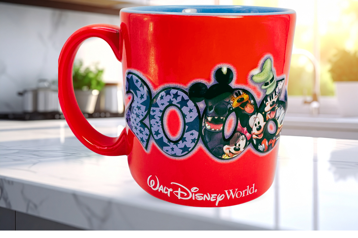Walt Disney World 2006 3D embossed mug in kitchen setting