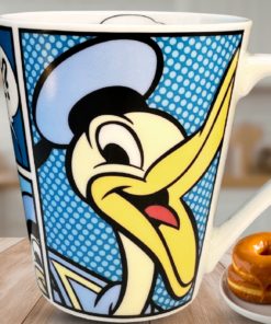Donald Duck Who Me Mug styled in kitchen with donuts