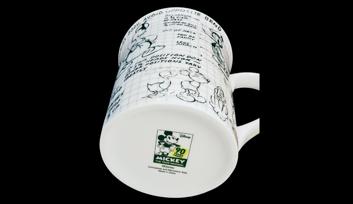 Disney Sketchbook Donald Mug bottom view with 90 Years of Magic stamp