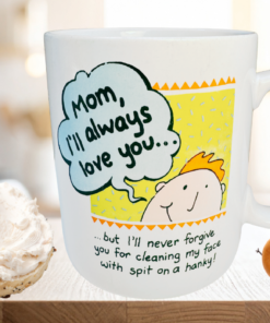 Hallmark Shoebox Funny Mom Mug styled in cozy kitchen setting