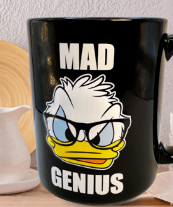 Disney Donald Duck Mad Genius mug styled in kitchen setting