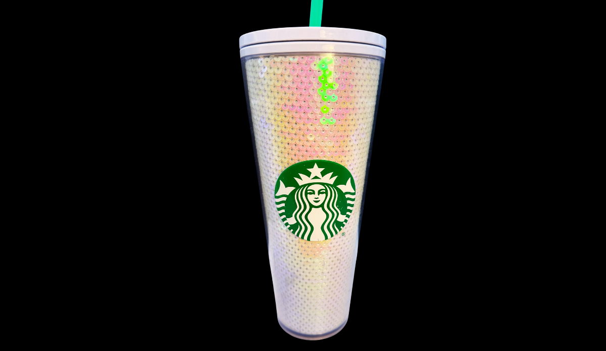 Starbucks 2020 Holiday Sequin Tumbler front view with green siren logo and iridescent white pink sequins