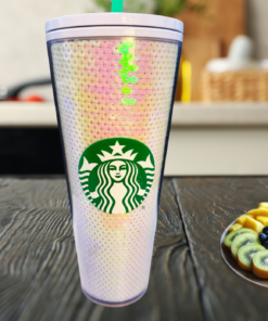 Starbucks 2020 Holiday Sequin Tumbler styled in kitchen with fruit on counter