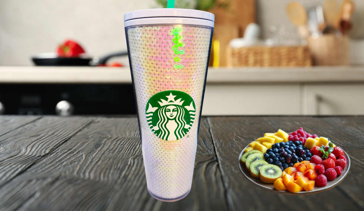 Starbucks 2020 Holiday Sequin Tumbler styled in kitchen with fruit on counter