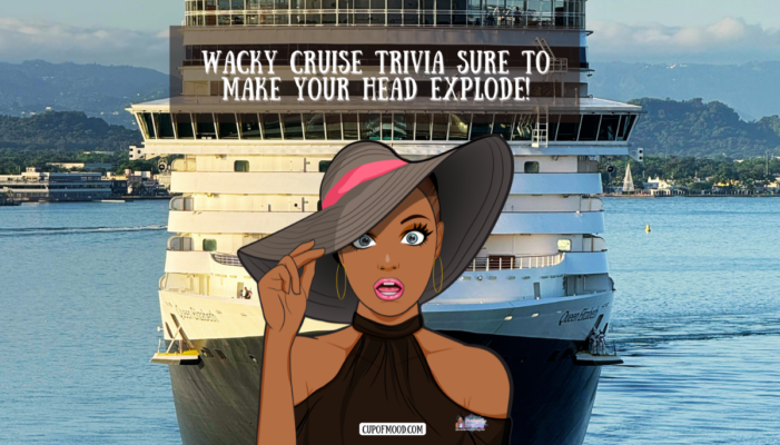 Wacky cruise trivia hero image featuring cruise ship and surprised woman illustration