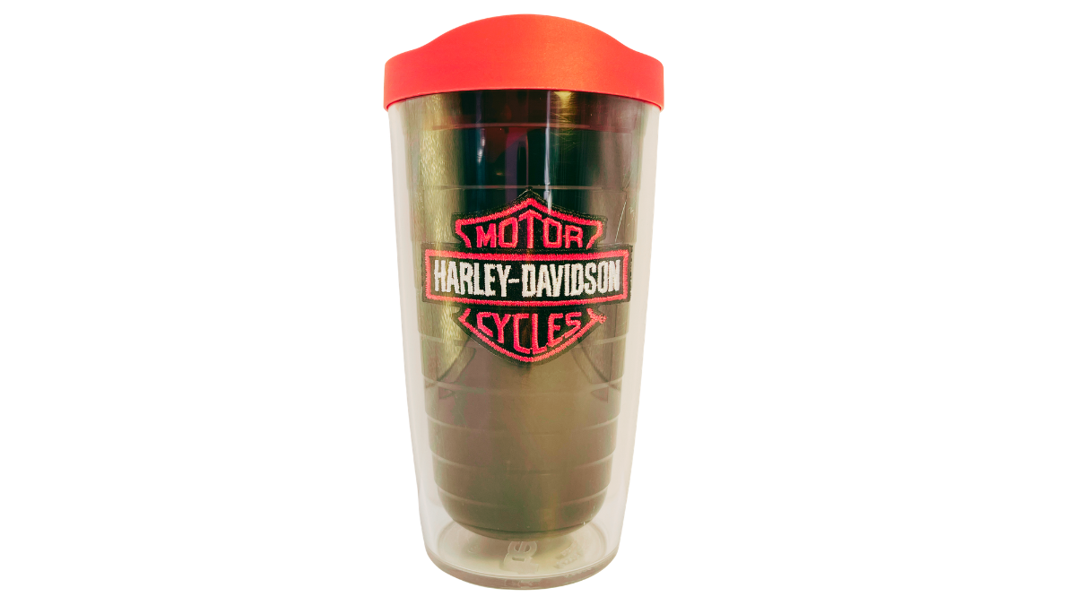 Harley-Davidson Pink Patch Tervis Tumbler 16 oz front view with embroidered logo and pink lid