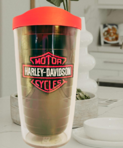 Harley-Davidson Pink Patch Tervis Tumbler 16 oz styled on kitchen counter