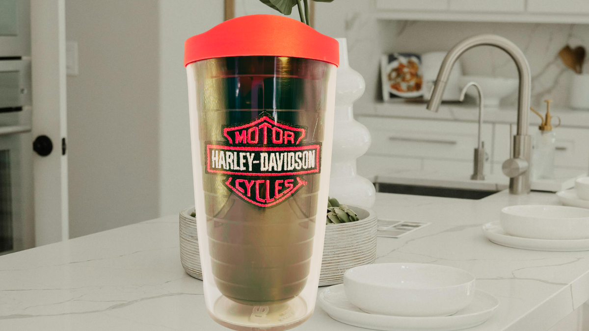 Harley-Davidson Pink Patch Tervis Tumbler 16 oz styled on kitchen counter