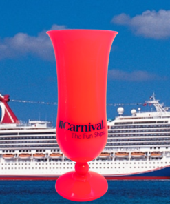 Hot Pink Carnival Hurricane Glass styled with Carnival cruise ship background