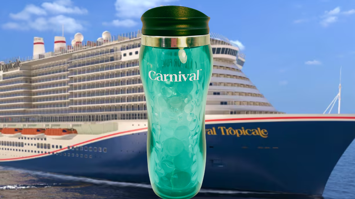 Blue Carnival Cruise Travel Tumbler styled with Carnival cruise ship background