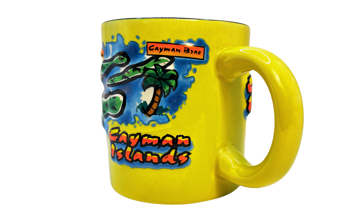 Side handle view highlighting the sturdy grip and smooth ceramic finish of this Cayman Islands 3D map mug.