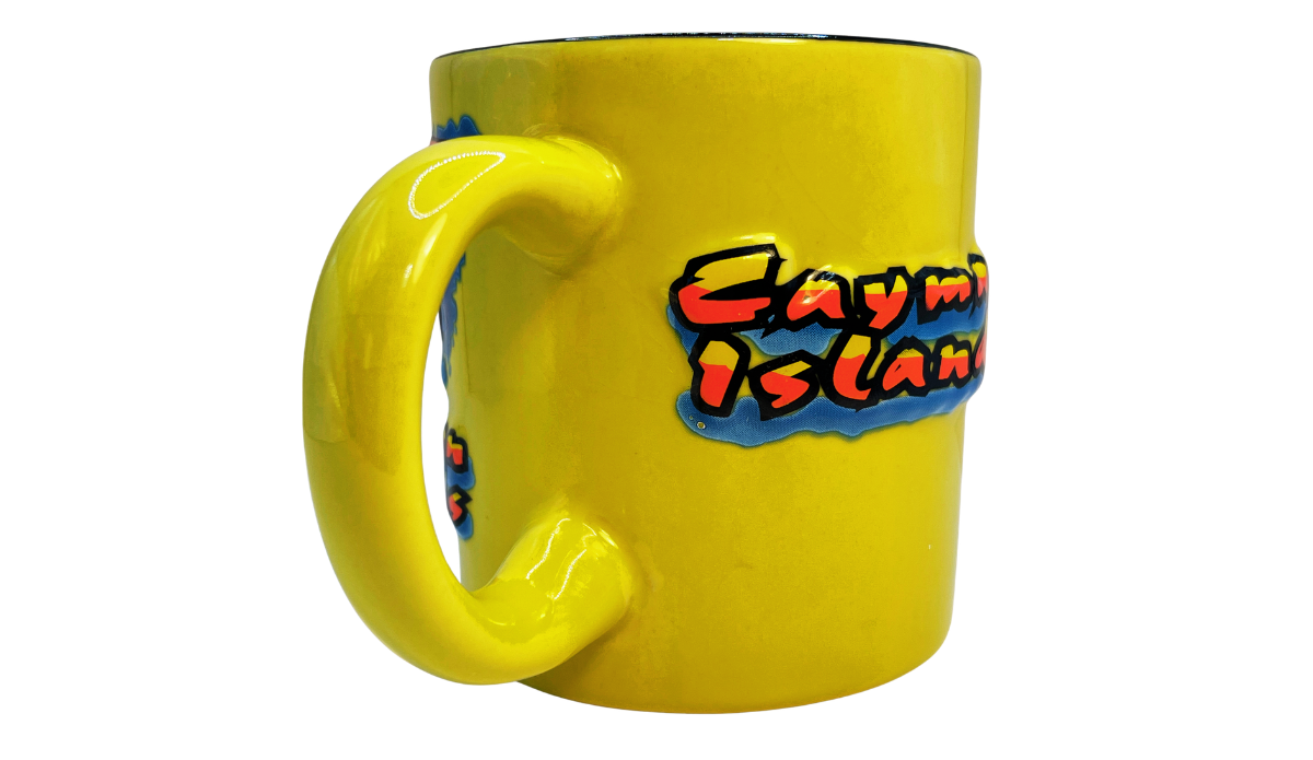 Cayman Islands 3D map mug side middle view showing raised island design and textured tropical artwork